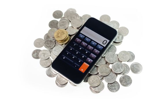 Mobile phone with coins on white background