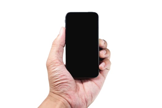 Hand holding Mobile Phone on white background