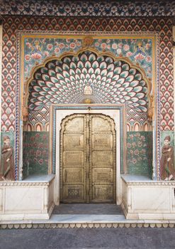 Ornate door in Chandra Mahal - Cipty Planase in Jaipur, Rajastan, India