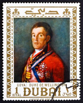 DUBAI - CIRCA 1967: a stamp printed in the Dubai shows Duke of Wellington, Painting by Francisco Goya, circa 1967