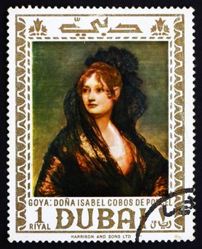 DUBAI - CIRCA 1967: a stamp printed in the Dubai shows Dona Isabel Cobos de Porcel, Painting by Francisco Goya, circa 1967