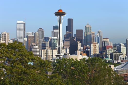 Seattle skyline panorama at sunset.