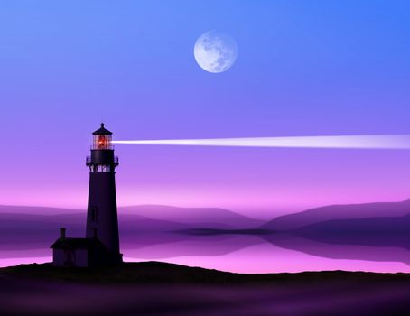 romantic lighthouse near Atlantic seaboard shining at night in the bright of the moon