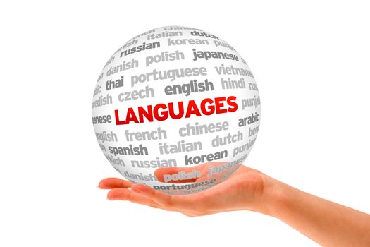 Hand holding a Languages Word Sphere on white background. 