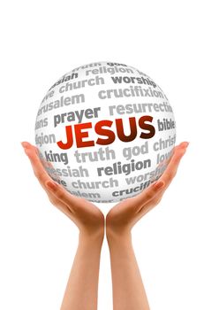Hands holding a jesus Word Sphere on white background.