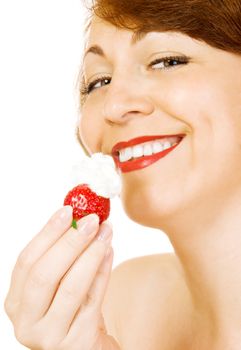Young smiling woman eat strawberry
