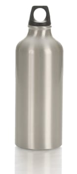 metal water bottle with reflection on white background