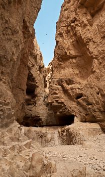 The mouth of the river Almog in the mountains of the former in the Judean Desert near the Dead Sea. Israel.