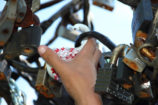 beautiful lock  with flowers on the tree of love in the red and white