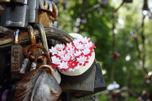 beautiful lock  with flowers on the tree of love in the red and white
