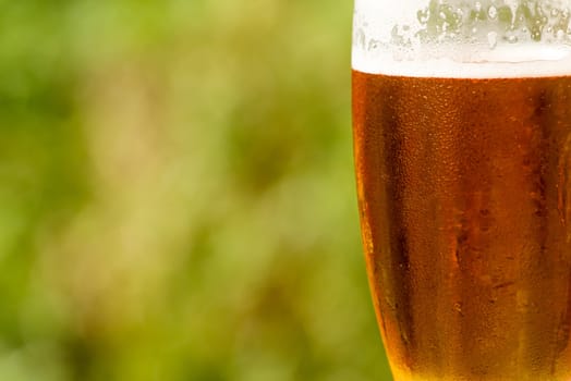 cold glass of beer with foam with space for text
