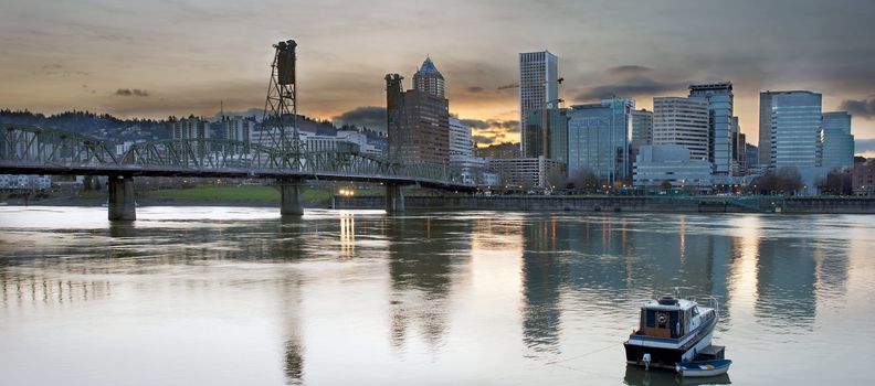 Sunset Over Portland Oregon Skyline with Hawthorne Bridge along Willamette River Panorama