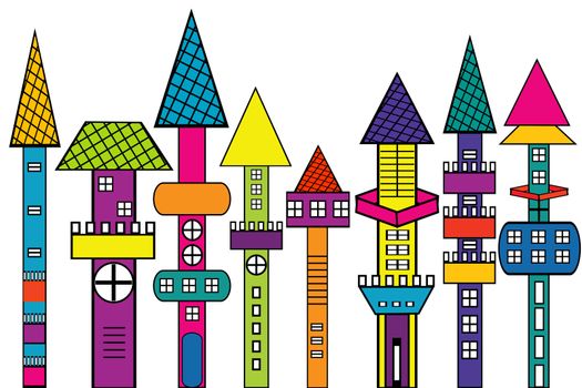 Doodle castle, stylized colored houses