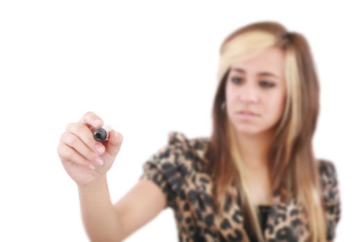 Young woman business hand with pen mark the check boxes. Hands on focus