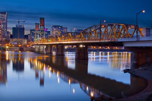 Hawthorne Bridge Over Willamette River In Portland Oregon Downtown Waterfront at Blue Hour