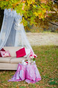 Romantic tea party in the woods. Served table, couch, canopy