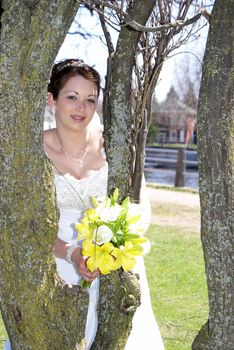 A beautiful young bride poses between a few tree limbs at the park.