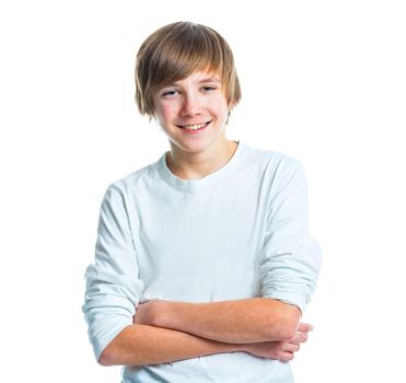 Close up portrait of young smiling cute teenager in white, isolated on white