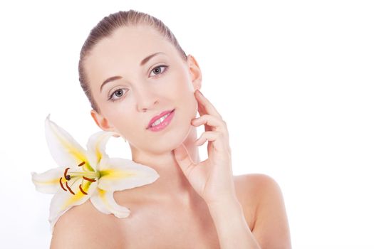 young beautiful woman portrait with white flower isloated