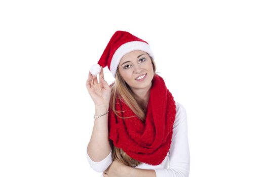 young beautiful woman with red scarf and christmas hat isolated