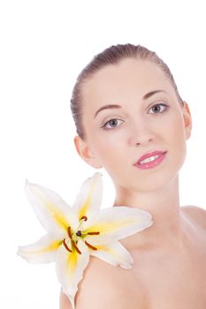 young beautiful woman portrait with white flower isloated