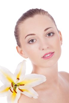 young beautiful woman portrait with white flower isloated