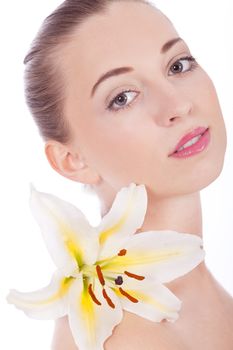 young beautiful woman portrait with white flower isloated