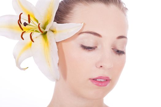 young beautiful woman portrait with white flower isloated