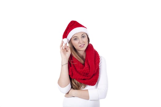 young beautiful woman with red scarf and christmas hat isolated