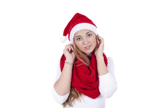 young beautiful woman with red scarf and christmas hat isolated