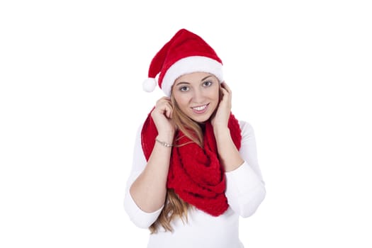 young beautiful woman with red scarf and christmas hat isolated