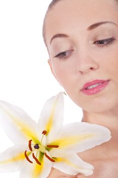 young beautiful woman portrait with white flower isloated