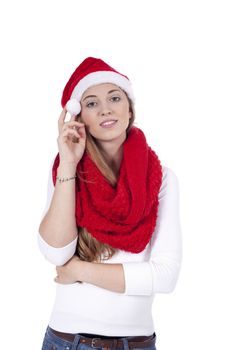 young beautiful woman with red scarf and christmas hat isolated