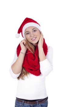 young beautiful woman with red scarf and christmas hat isolated