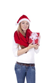 young smiling girl with red hat and present christmas isolated