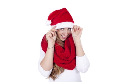 young beautiful woman with red scarf and christmas hat isolated