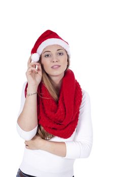young beautiful woman with red scarf and christmas hat isolated
