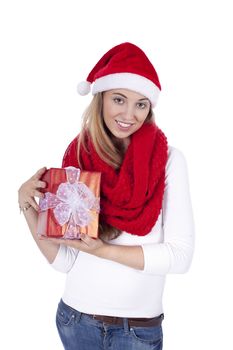 young smiling girl with red hat and present christmas isolated