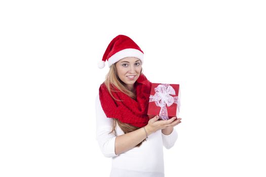 young smiling girl with red hat and present christmas isolated