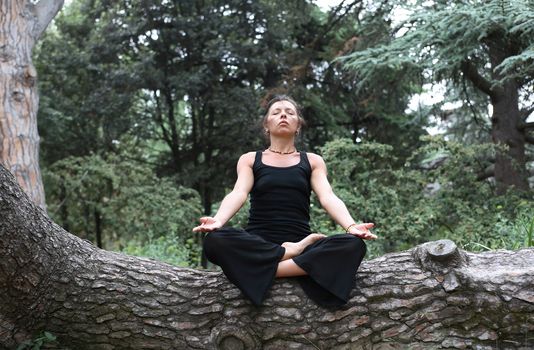 Svelte adult woman in black sitting in lotus position on forest background