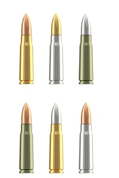 Set of different rifle ammunition cartridges isolated on white. High resolution 3D image