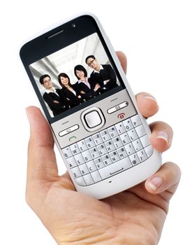 Business mobile phone on hand. Image on screen belongs to me.