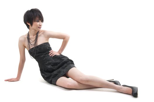 Short hair Asian woman posing, full body
