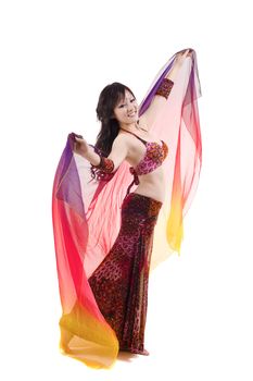 Belly dancer performing on white background