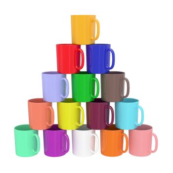 Pyramid composed of colorful ceramic cups isolated on white. High resolution 3D image
