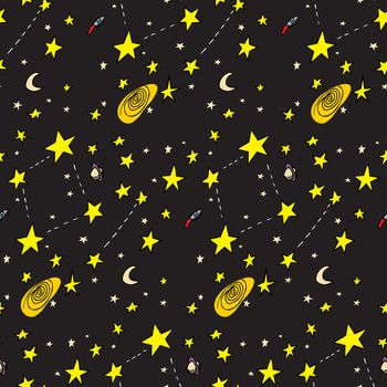 Seamless background of ships, stars, galaxies and moons