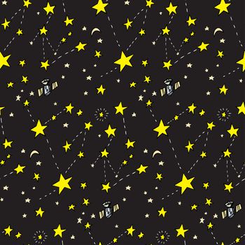 Seamless background of stars, moons and satellites over black