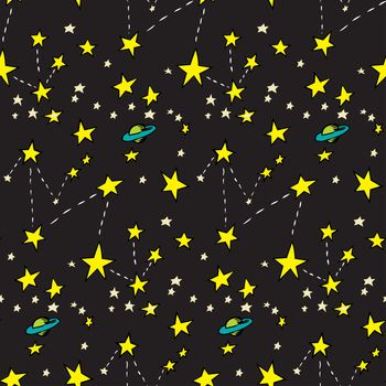 Seamless pattern of constellations and planets over black