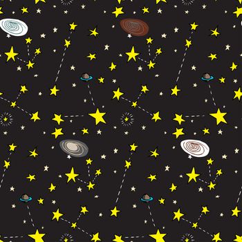 Seamless background of stars, planets and galaxies over black