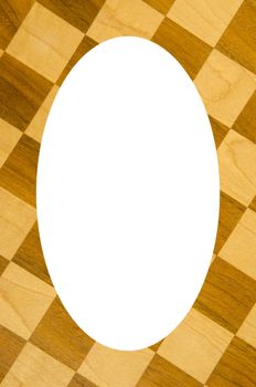 Fragment of checkers or chess board. Isolated white oval place for text photograph image in center of frame. Playful background.